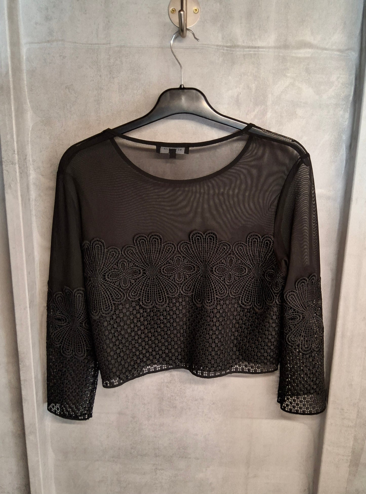 New Look Black Sheer Embroidered Crop Top – Size 8 – Side Zip – 100% Polyester