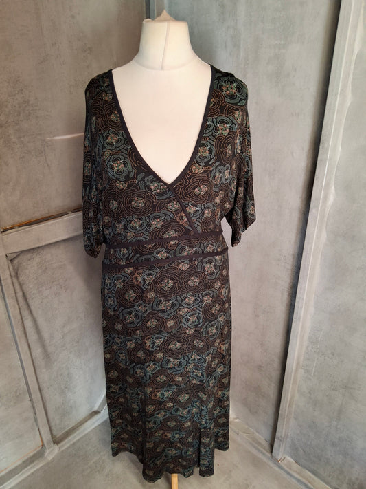 Y2K 2005 Next Maternity Black & Turquoise Floral Midi Dress - 3/4 Sleeves, Stretchy Viscose