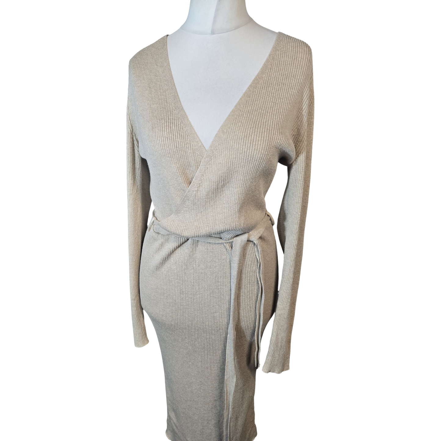 George Beige Ribbed Wrap Midi Jumper Dress – Size 12/14