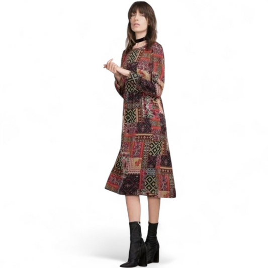Zara Multicoloured Patchwork Velvet-Feel Midi Dress – Size L (UK size 12/14)