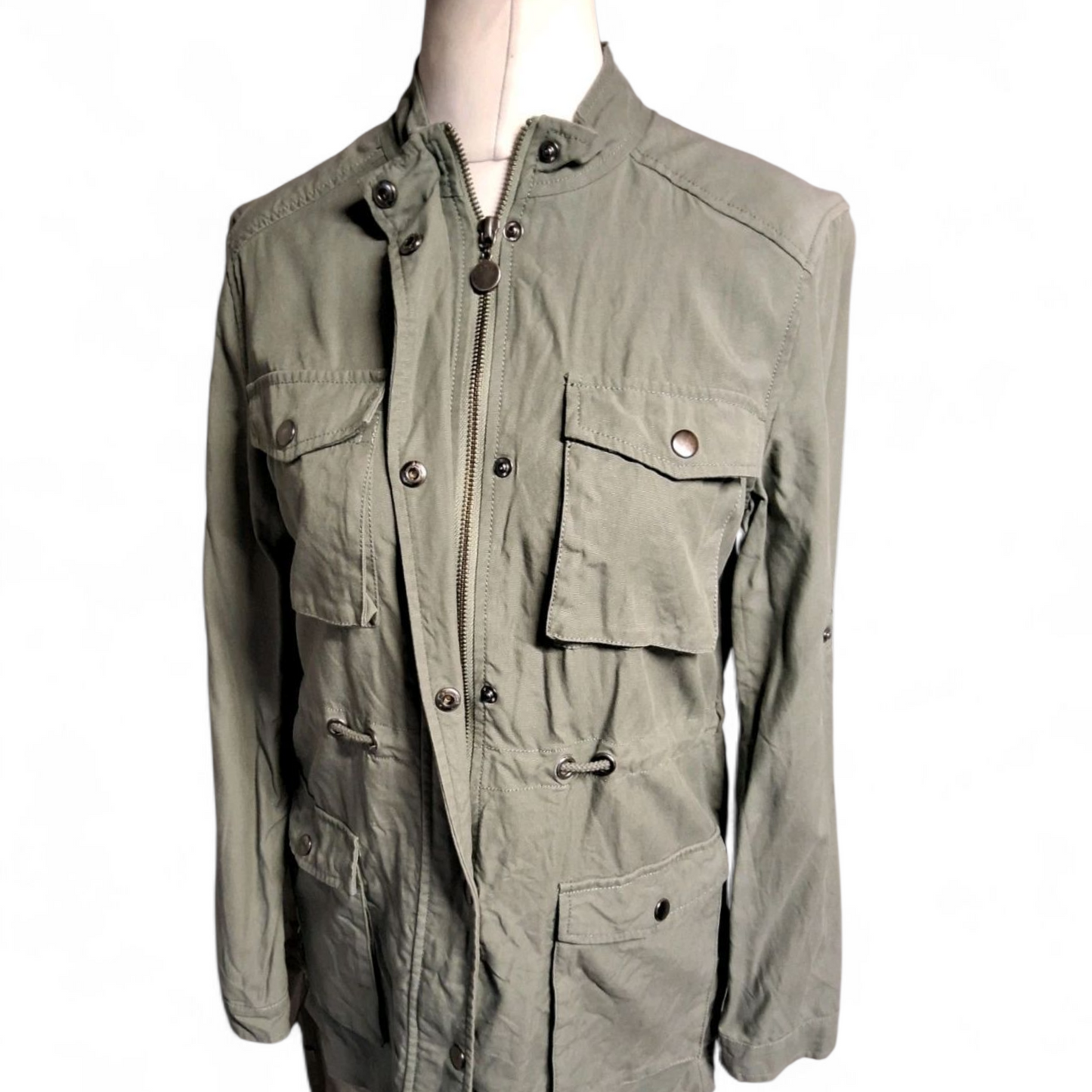 Thought Khaki Green Parka Jacket Size 10 – Lyocell/Cotton, Zip & Popper Close, Drawstring Waist