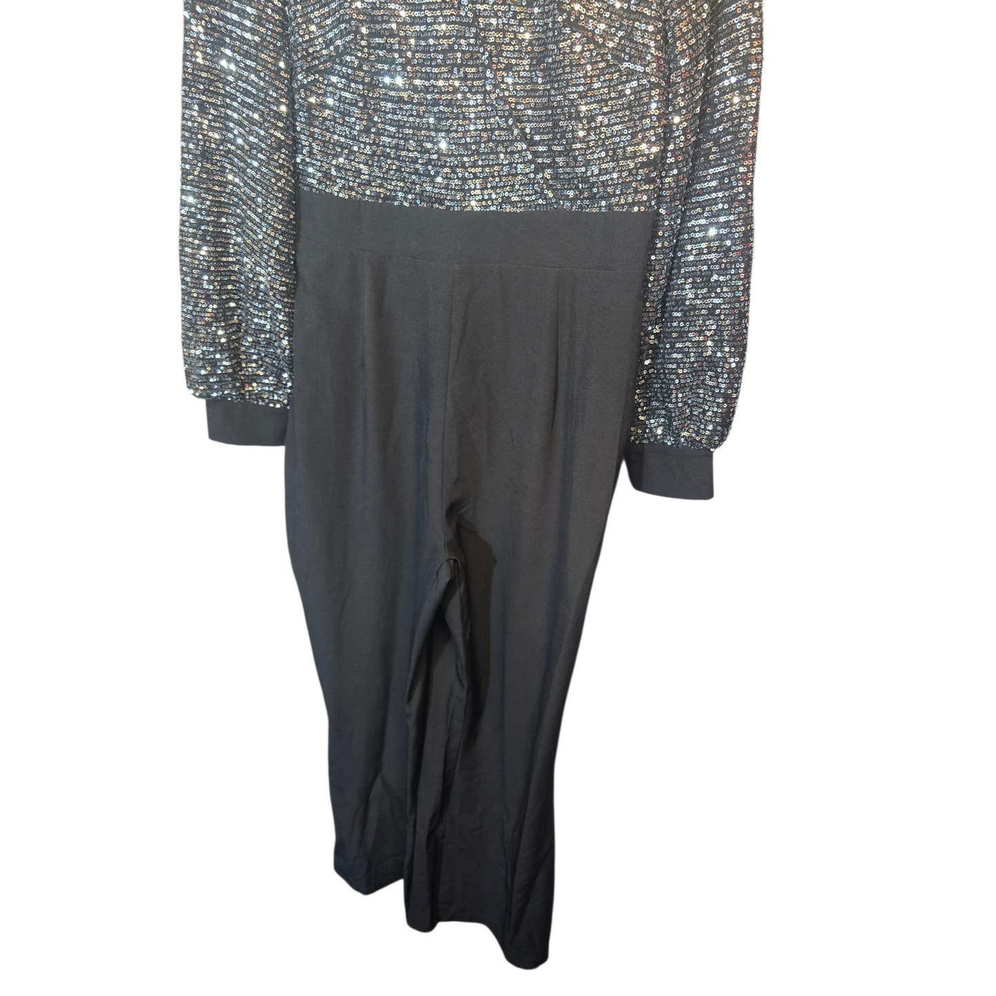 Silver Sequin & Black Long Sleeve Jumpsuit – Size M (size 10/12) – Choker Neck & Flared Leg