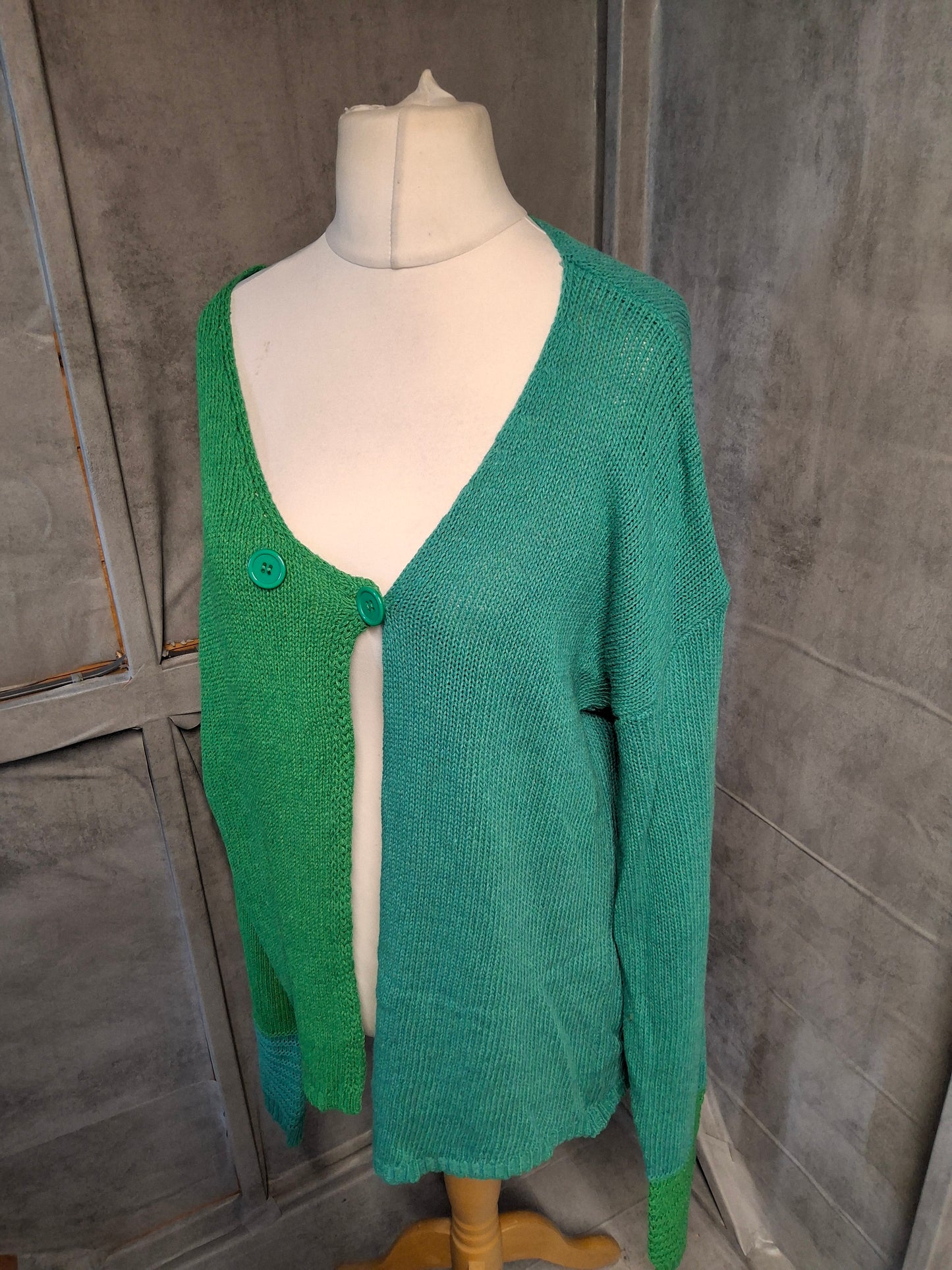 Handmade Green Colour Block Knit Cardigan – Relaxed Fit, Button Close