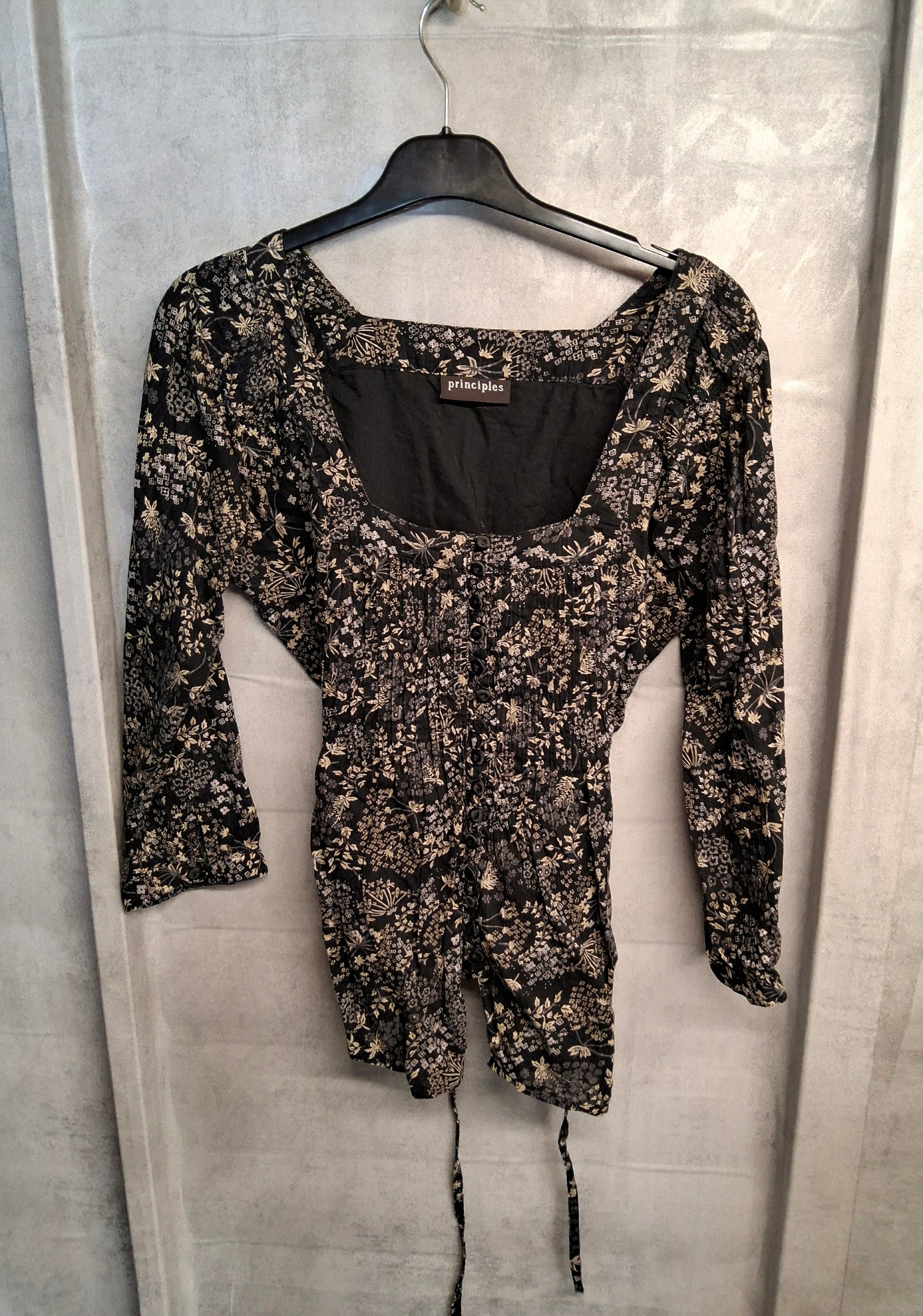 Principles Y2K Black & Beige Floral Blouse – UK 10/12 – Square Neckline, Tie Waist, Cotton
