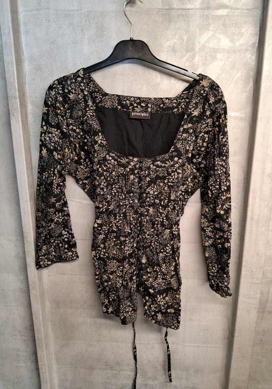 Principles Y2K Black & Beige Floral Blouse – UK 10/12 – Square Neckline, Tie Waist, Cotton

