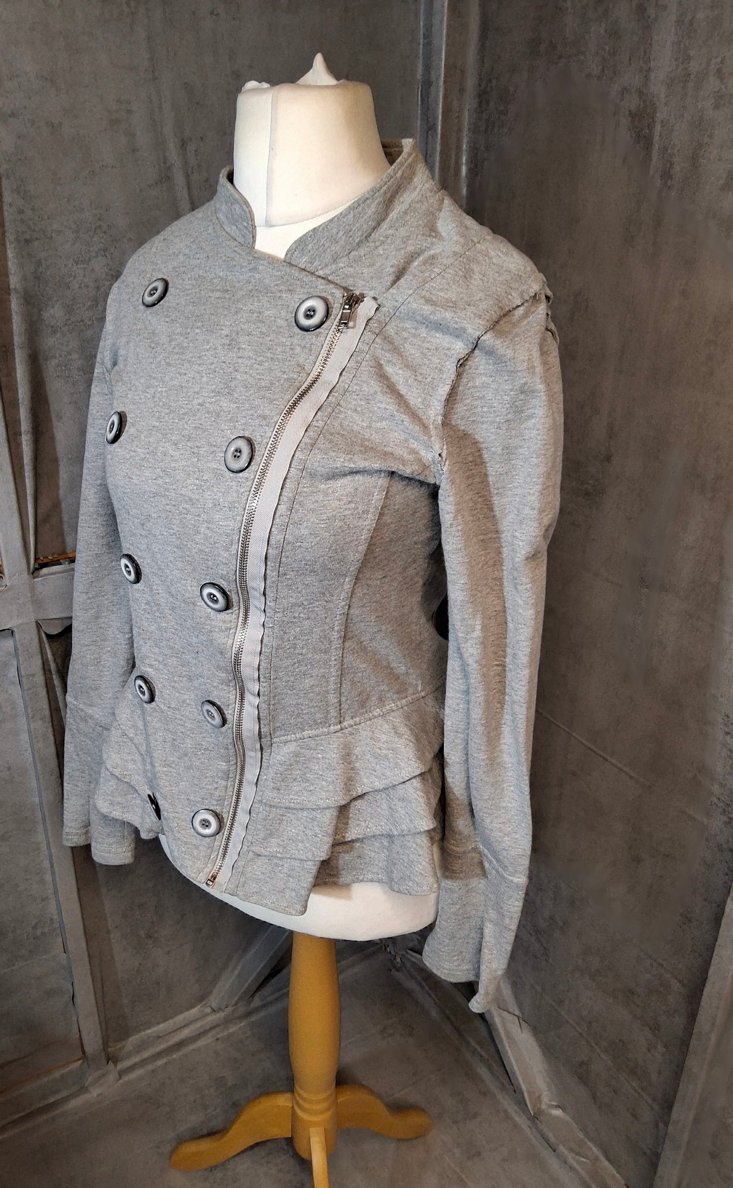 Y2K Next 2002 Grey Zip-Up Jumper – Size 12 – Frill Hem & Double-Breasted Button Detail