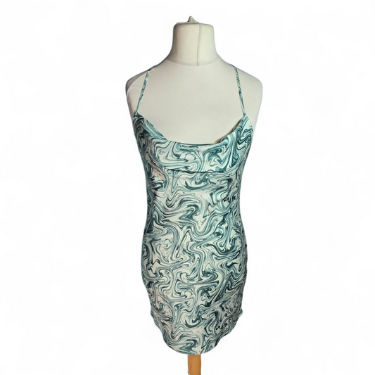 Miss Selfridge Green Swirl Mini Dress | Size 10 UK | Scoop Neck, Cross Back, NWT