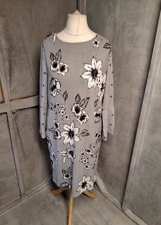 Next Black & White Stripe Floral Bee Print Midi Dress – Long Sleeves, Size 16, Polyester
