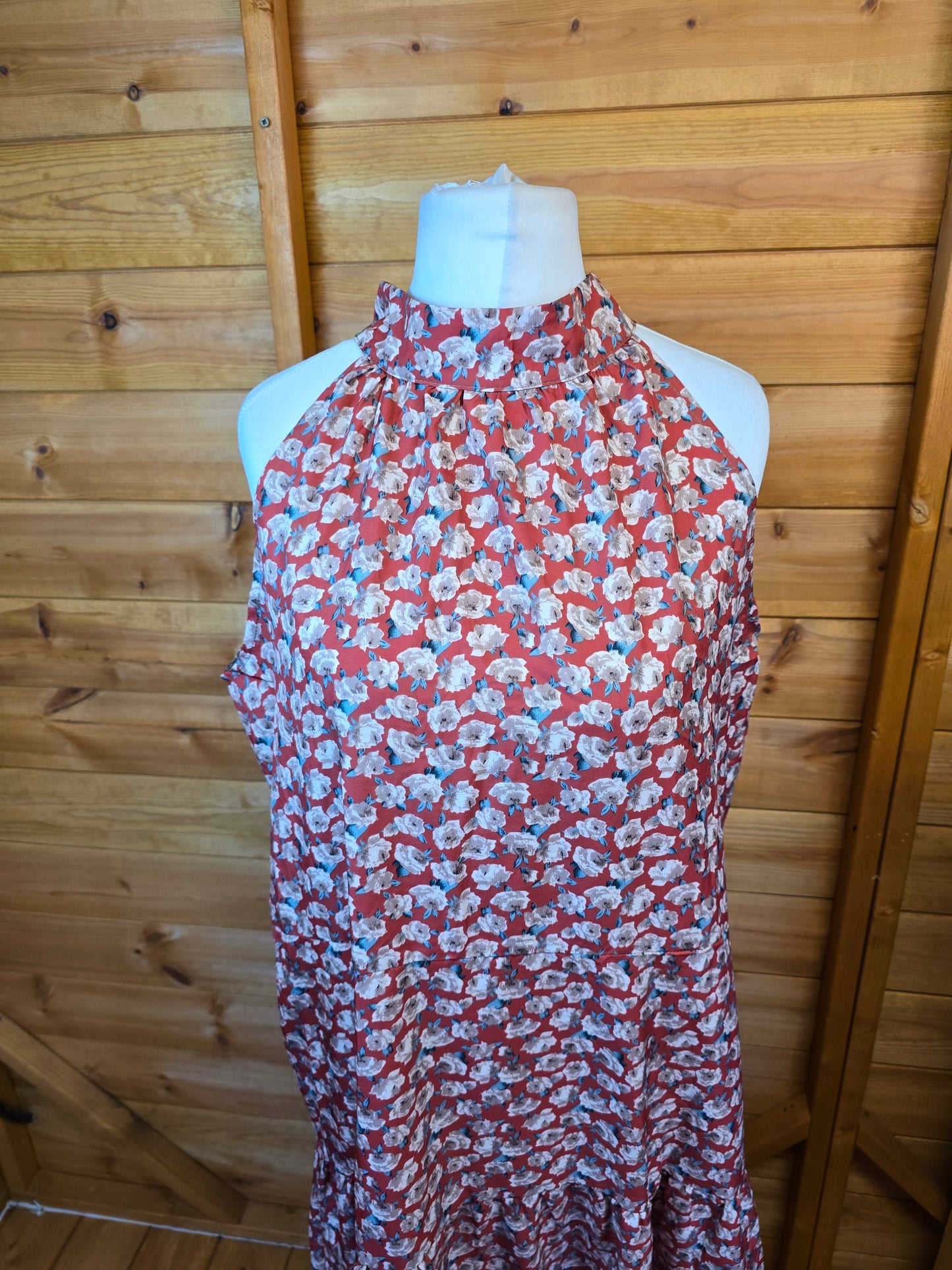 Red & Beige Floral Halterneck Maxi Dress – Size XL (14/16), Flared Fit