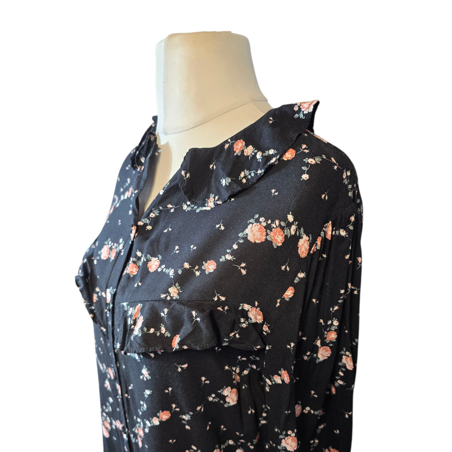 Primark Black Floral Frill Collar Dress – Size 10 – 3/4 Sleeve Viscose