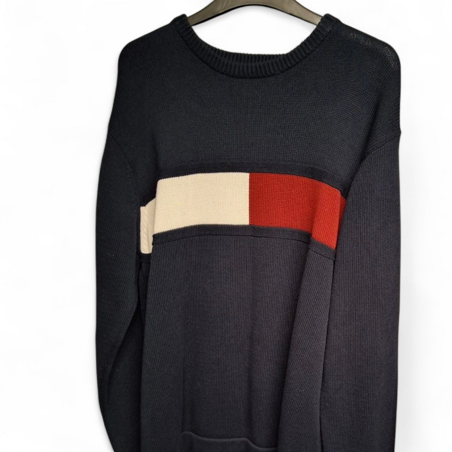 Men's Vintage 90s Tommy Hilfiger Navy Jumper – Crew Neck, Long Sleeve, Logo, Relaxed Fit, Size M