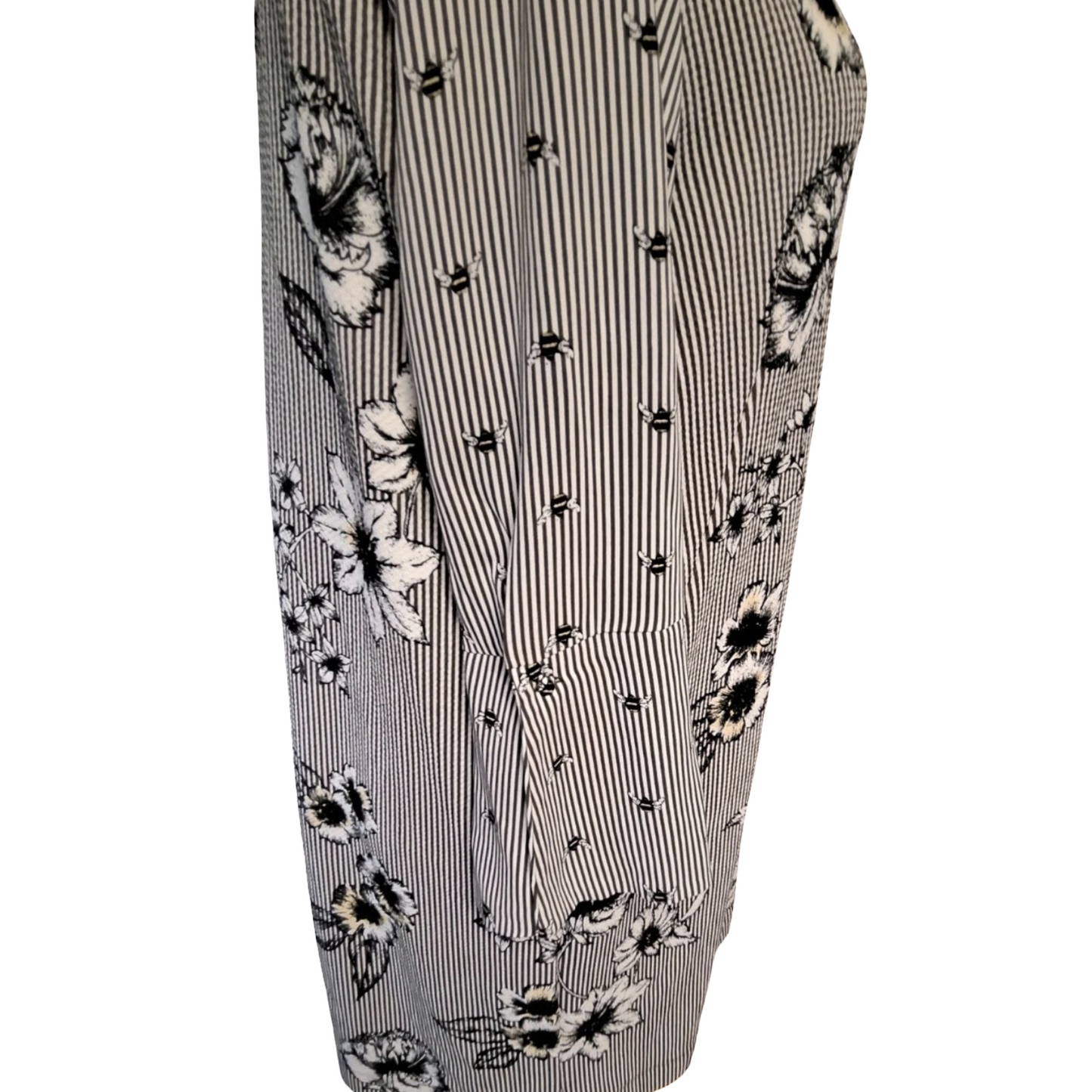 Next Black & White Stripe Floral Bee Print Midi Dress – Long Sleeves, Size 16, Polyester