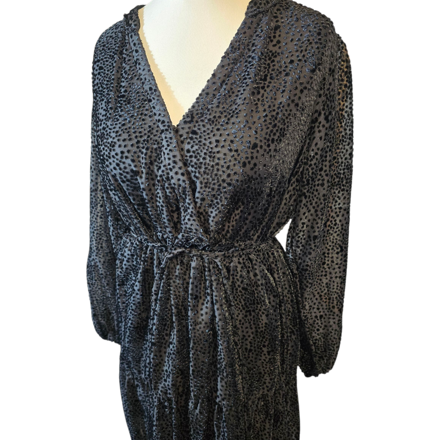 FatFace Copper & Black Velvet Polka Dot Dress – Size 12 – Sheer Sleeves, Tie Waist