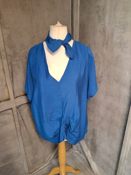 F&F Blue Short Sleeve Top with Neck Tie – Size 18 | NWT | Ruched Front | Viscose Blend
