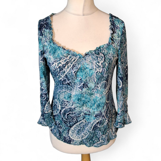 Per Una Blue Patterned Sheer Lace Top – Flared Cuffs – Size 14