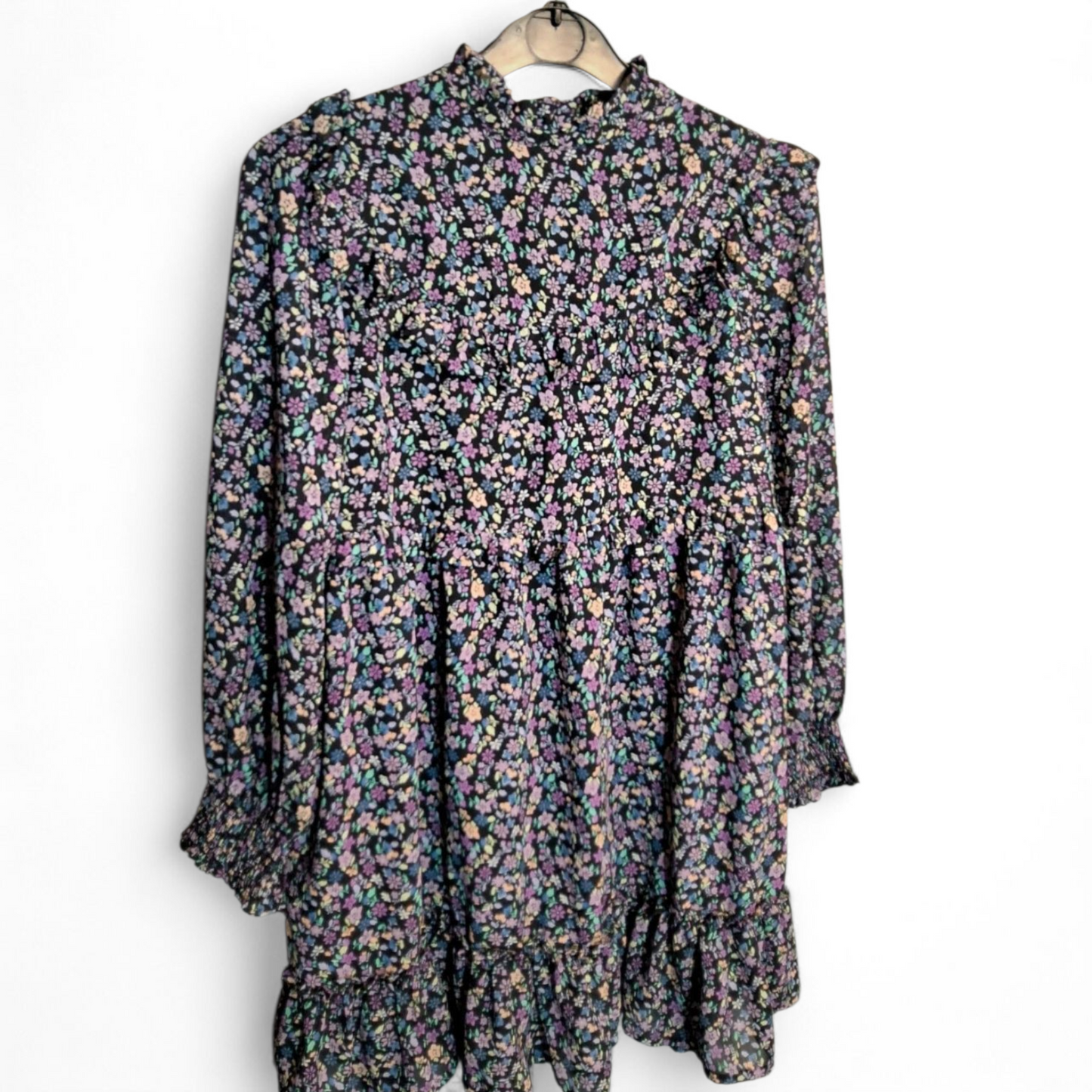 M&S Girls Black Floral Frill Dress – Age 10-11 Years – Polyester