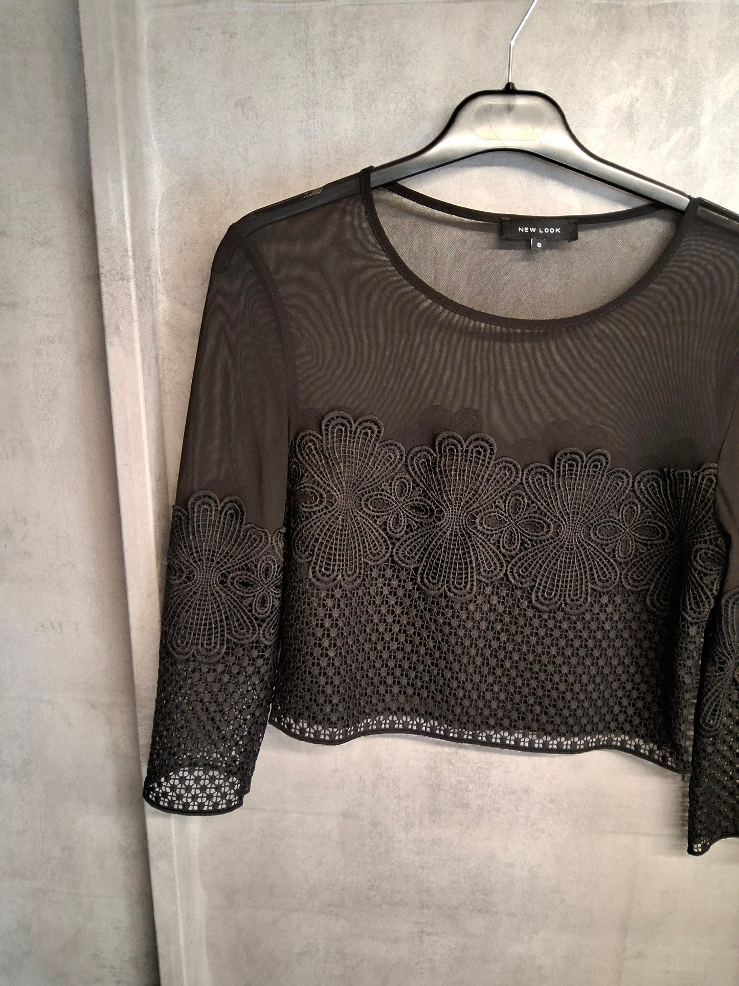 New Look Black Sheer Embroidered Crop Top – Size 8 – Side Zip – 100% Polyester