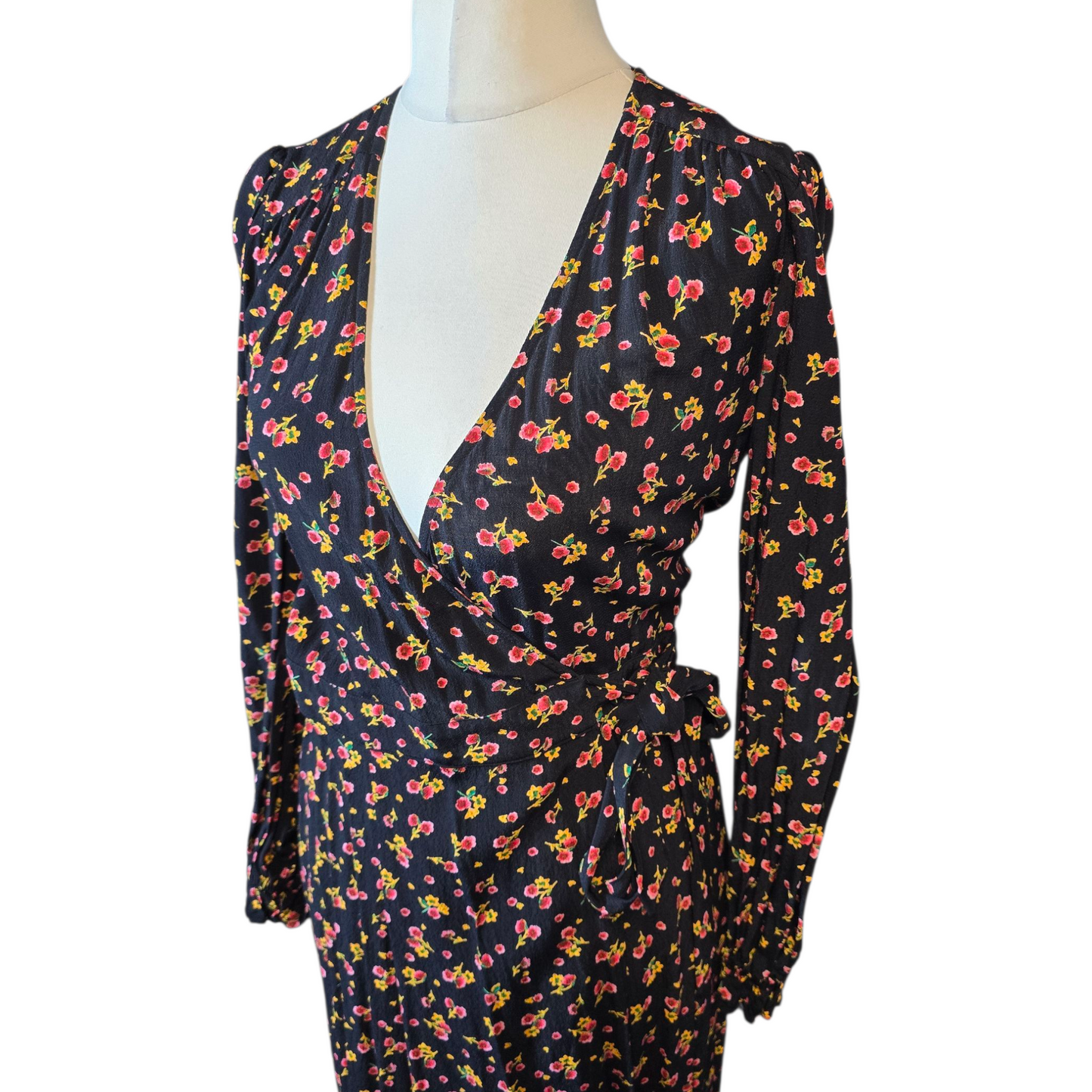 M&S Ghost Black Floral Wrap Midi Dress – Size 8 Regular – Viscose Elegance