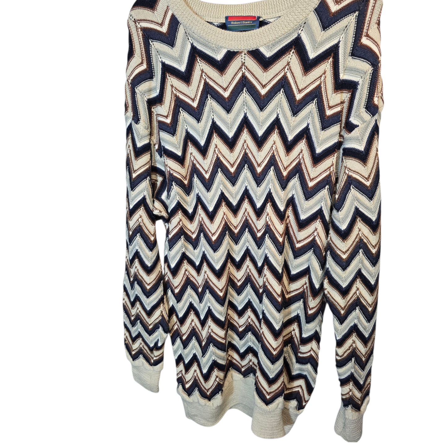 Men’s Vintage Robert Banks Chevron Knitted Jumper – Beige, Brown & Navy – Longer Length