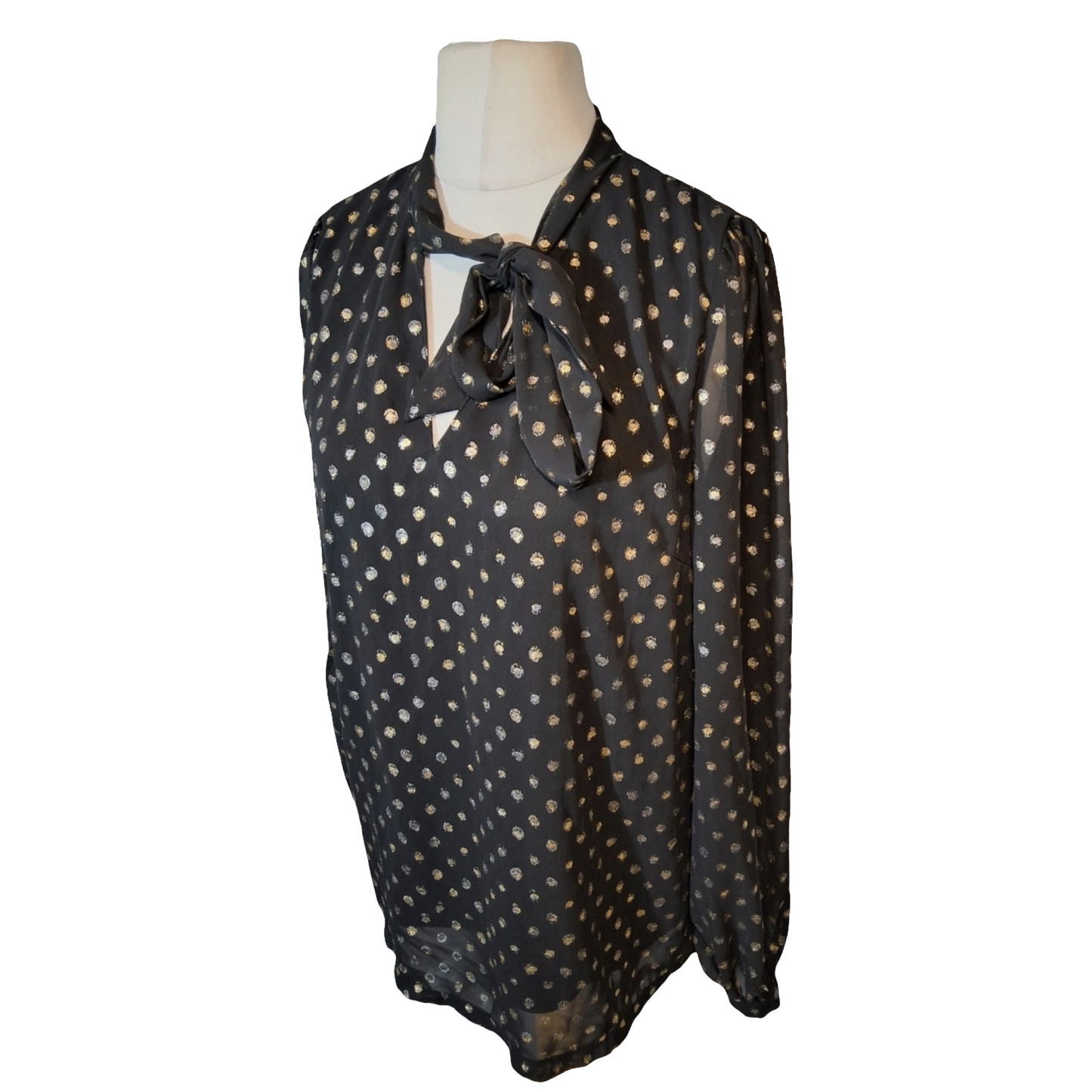 F&F Black & Gold Polka Dot Blouse with Neck Tie – Size 14
