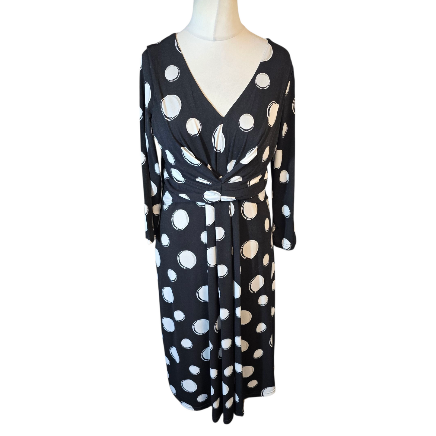 Roman Black & White Polka Dot Midi Dress – Size 12 – V-Neck – Bodycon Fit – Stretchy