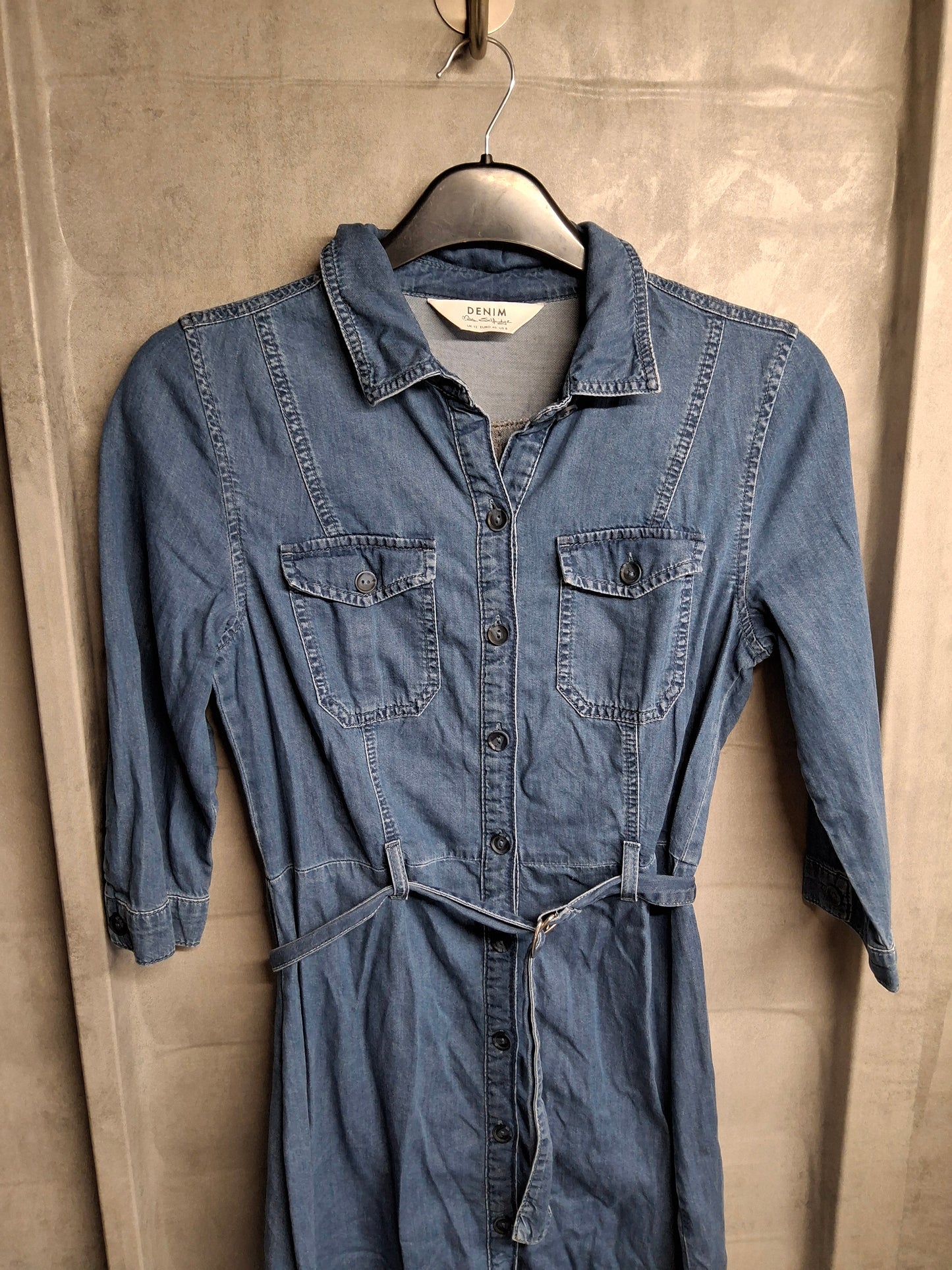 Miss Selfridge Denim Mini Dress – Size 12 – 3/4 Sleeve – Belted Shirt Dress – 100% Cotton