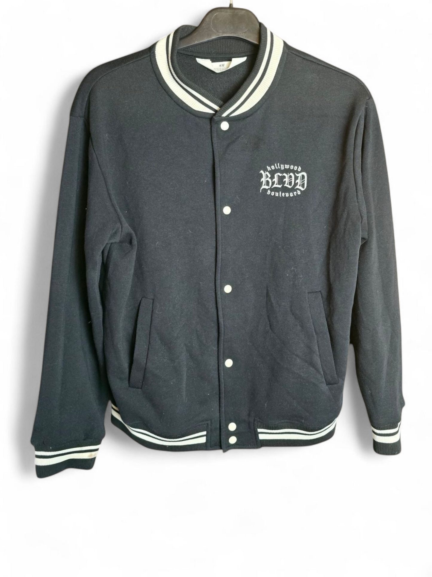 H&M Girls Varsity Jacket Age 10–12 – Black & White, Hollywood Blvd Print, Popper Close, Pockets