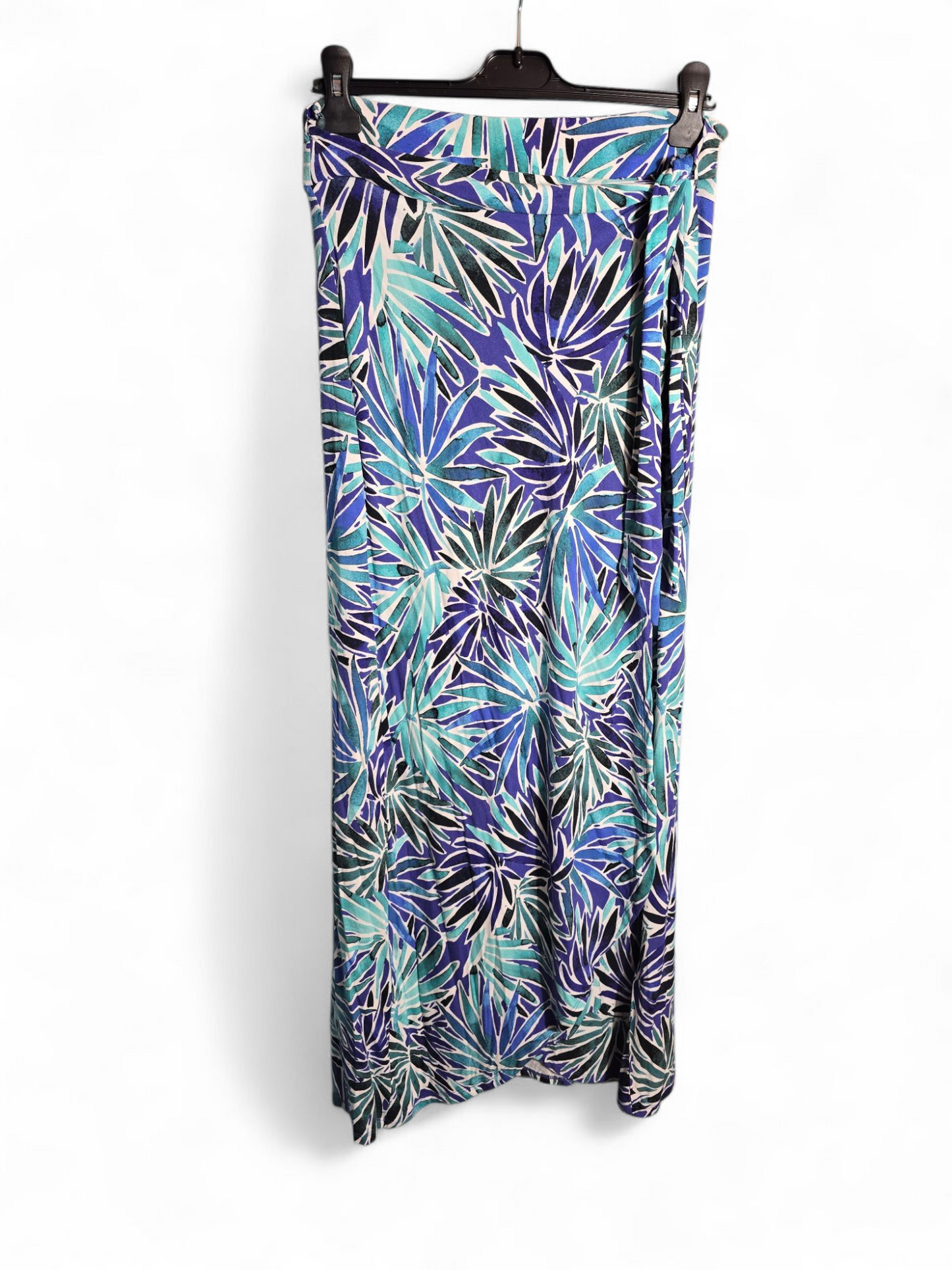 Antibes Blanc Green, Blue & Black Floral Bodycon Wrap Maxi Skirt Size M (Fits 10/12) – Elasticated Waist, Slit Front
