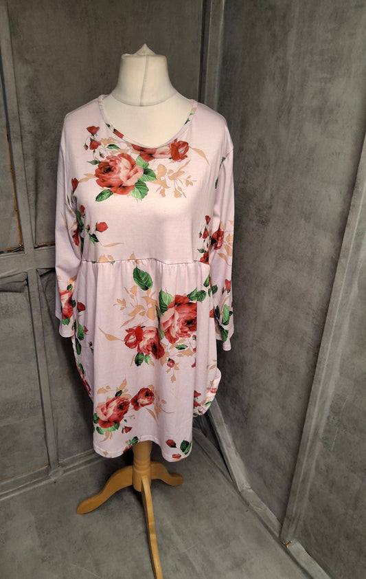Pink Rose Floral Longline Top – Size XL (UK 14/16) – Stretchy & Comfy