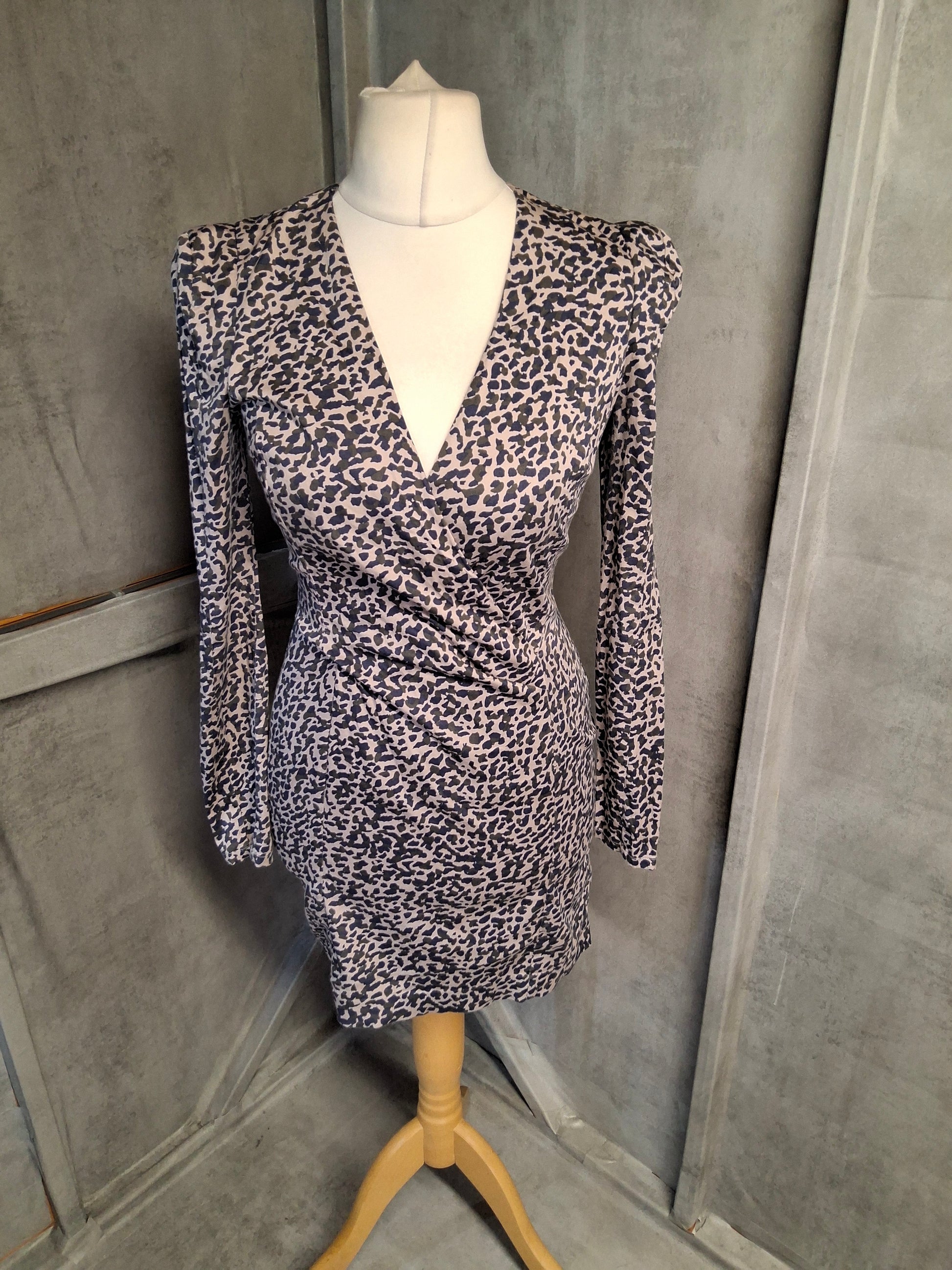 French Connection Navy & Beige Animal Print Bodycon Mini Dress – Size 10