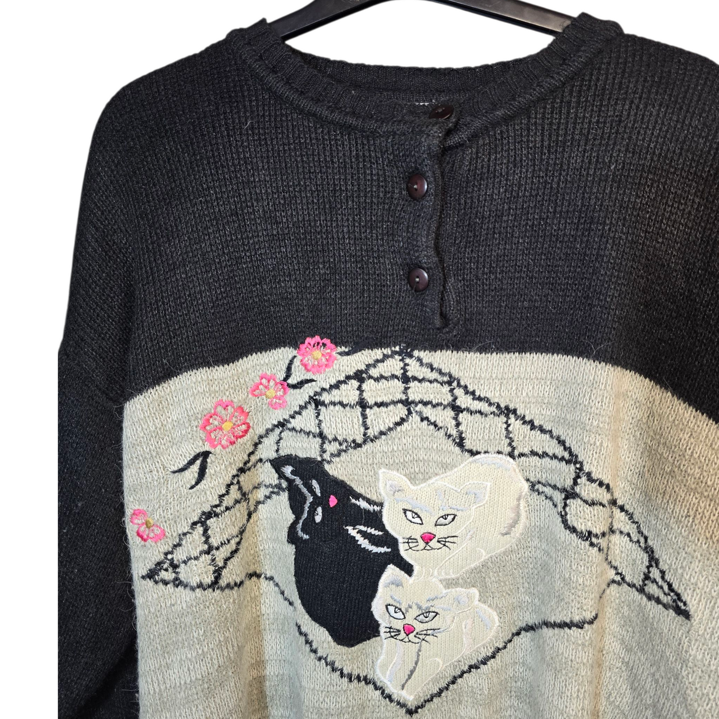 Vintage Hannah Grey & Black Cat Design Knitted Jumper – Oversized Fit