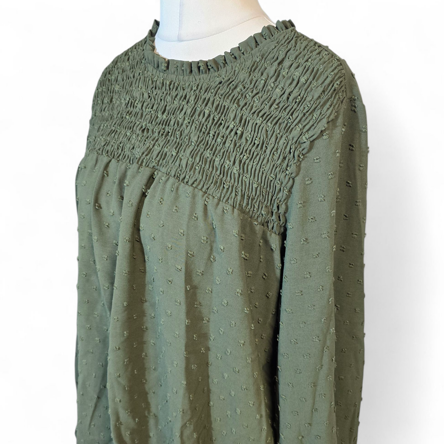 Shein Khaki Embossed Long Blouse – Size L (Good Fit size 14/16)