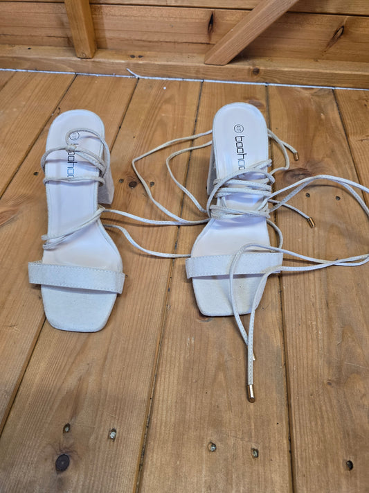 Boohoo Beige Gladiator Block Heel Sandals – UK Size 4, 3.5" Heel, Suede Look