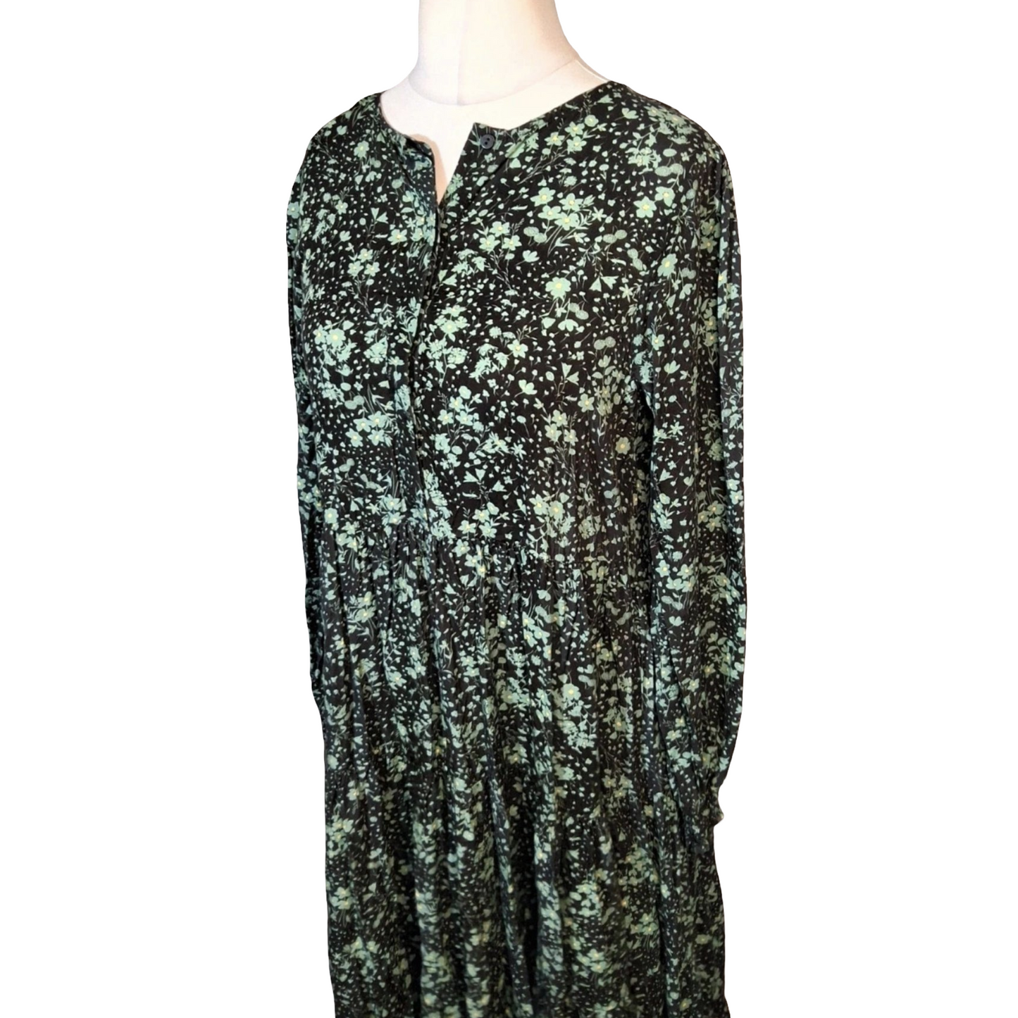 Zara Black & Green Floral Midi Dress – Long Sleeve – Size S (UK size 10/12)