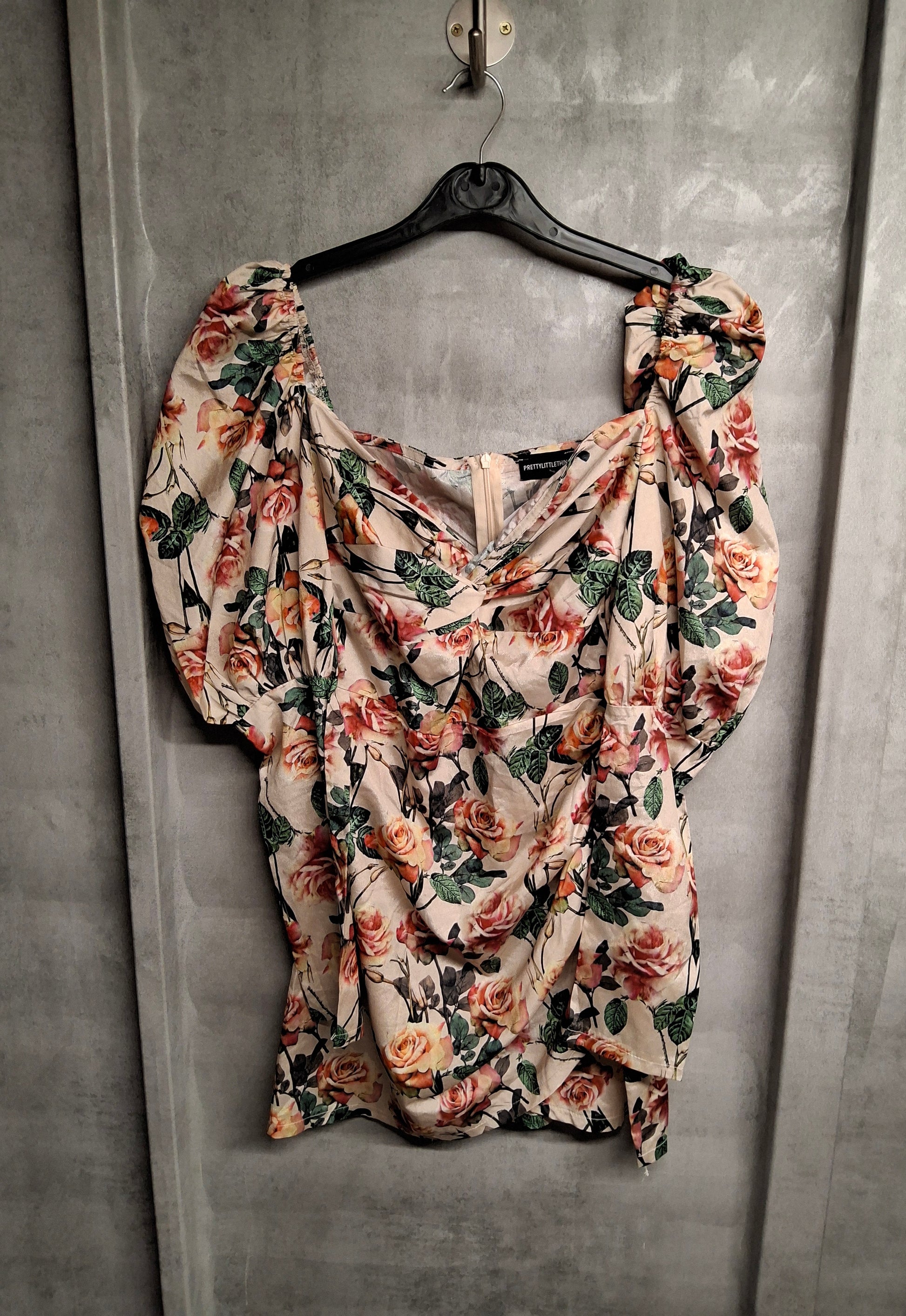 PrettyLittleThing Cream Rose Print Puff Sleeve Mini Dress – UK 6 – Romantic Statement Style
