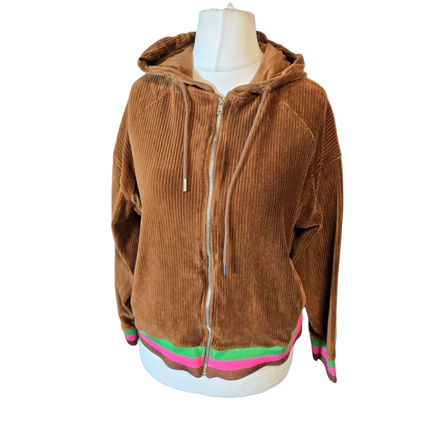Promod Brown Cord Zip-Up Hoodie – Glitter Hem – Size L ( uk size 12/14)