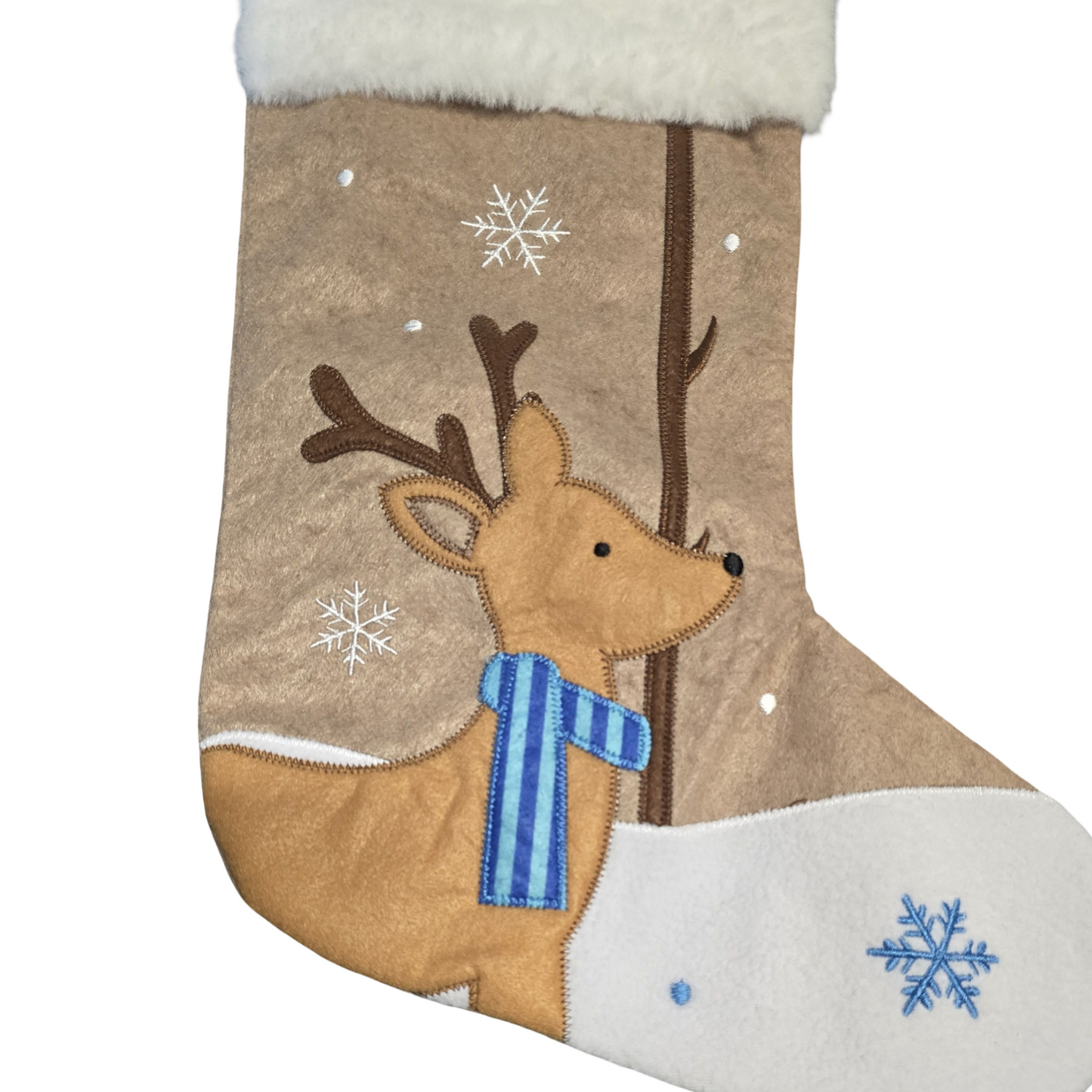 Cute Reindeer Christmas Stocking – Faux Fur Trim – 19cm x 42cm
