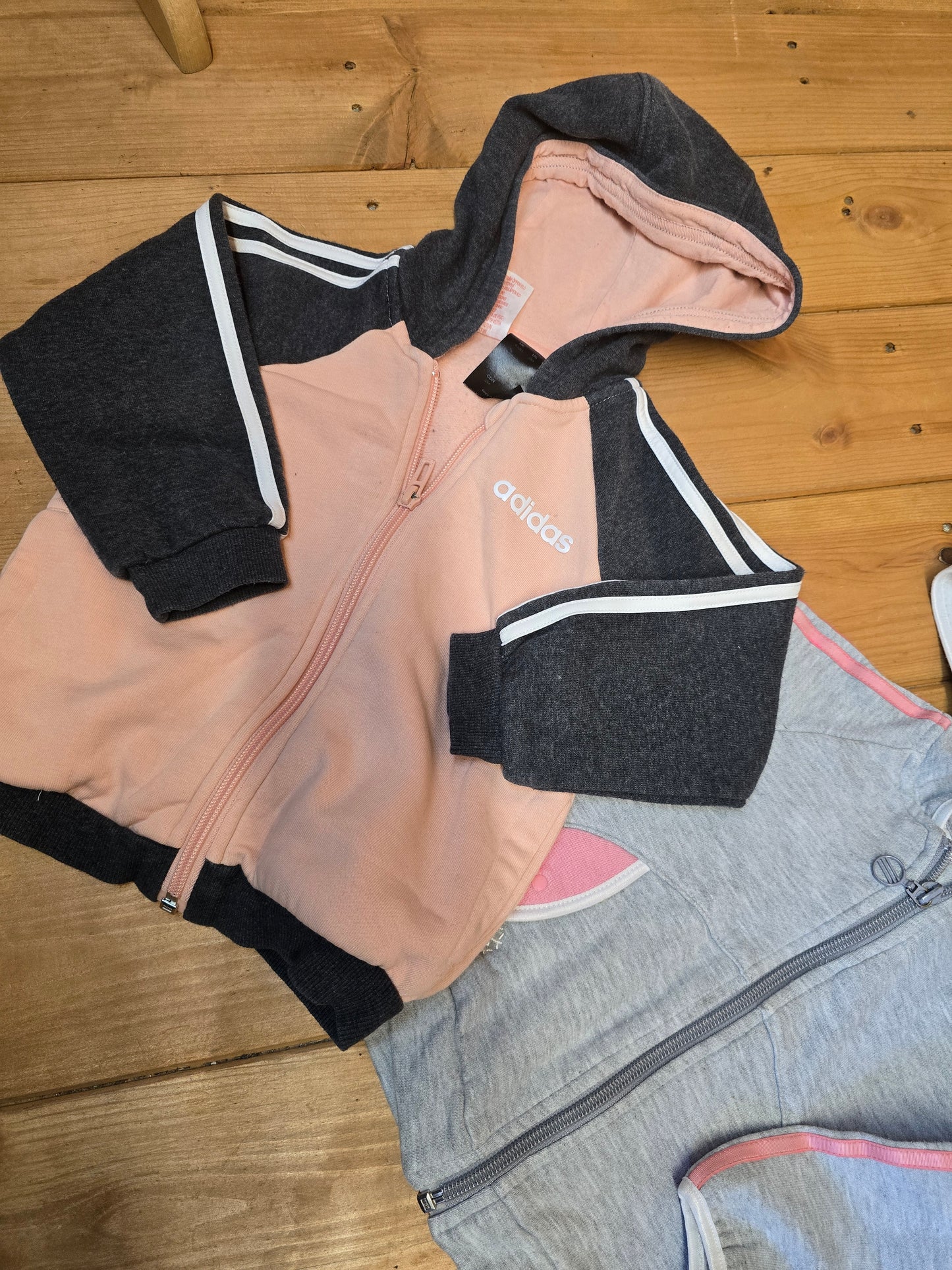 Girls' Adidas Zip-Up Hoodies Bundle Age 9-12 Months – Pink/Grey, Good Condition