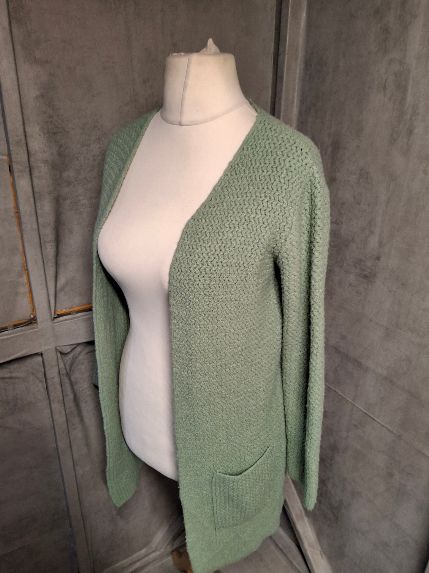 Primark Green Knit Open Midi Cardigan – Size 6/8 – Oversized with Pockets