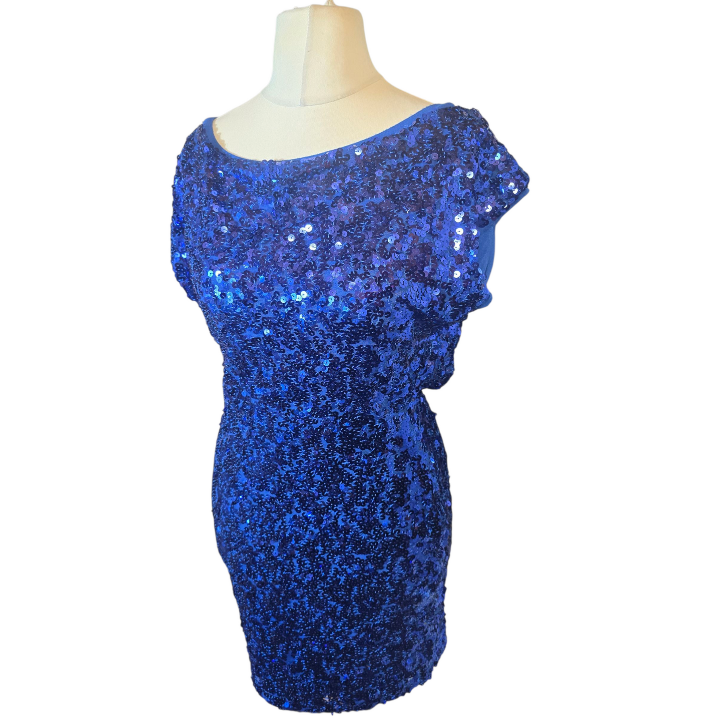 TFNC London Blue Sequin Mini Dress – Size M (size 12/14) – Open Back Party Sparkle