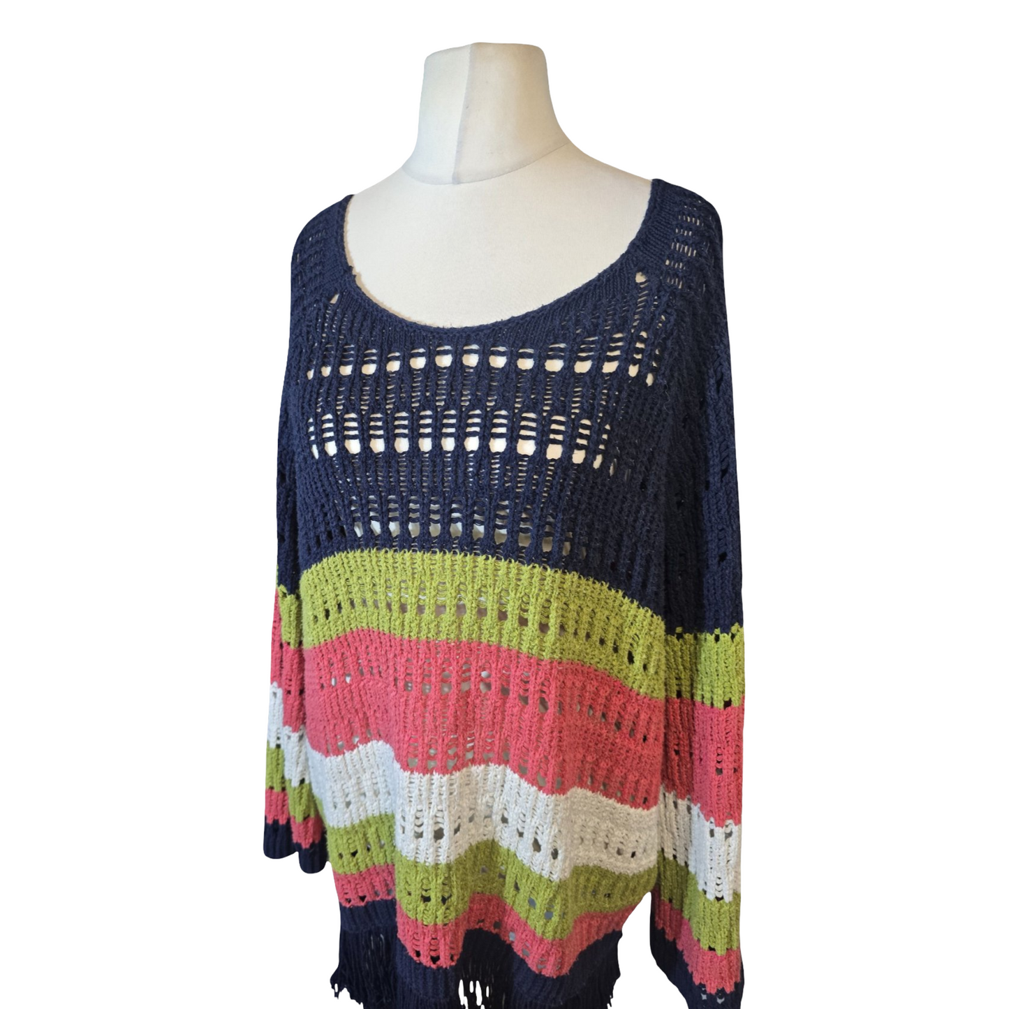 Next Multicoloured Striped Crochet Tassel Jumper – Size 16/18 – Boho Sheer Knit