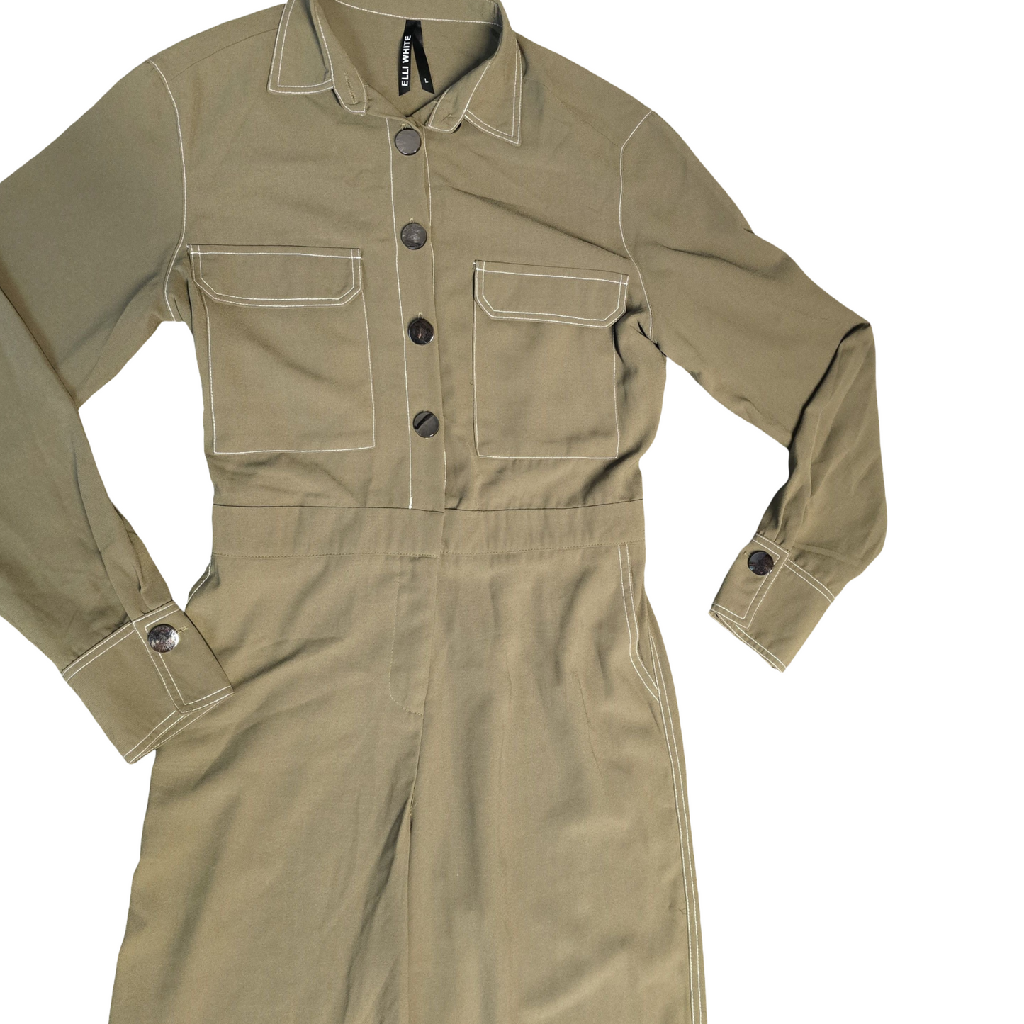 Elli White Jumpsuit Khaki Green Size 12 Utility Flared Weekend Causal