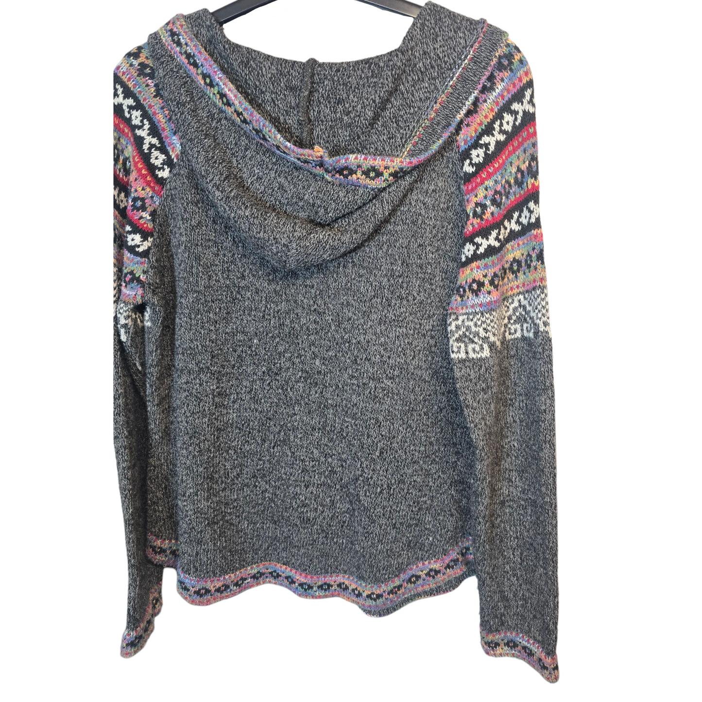 Apricot Grey & Multicolour Knitted Pattern Hoodie – Tie Front – Pockets – Size 12