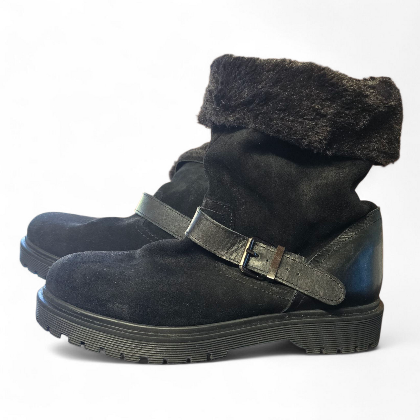 Next Black Faux Fur Ankle Boots – Size 7 – Leather & Suede Mix with Buckle Detail