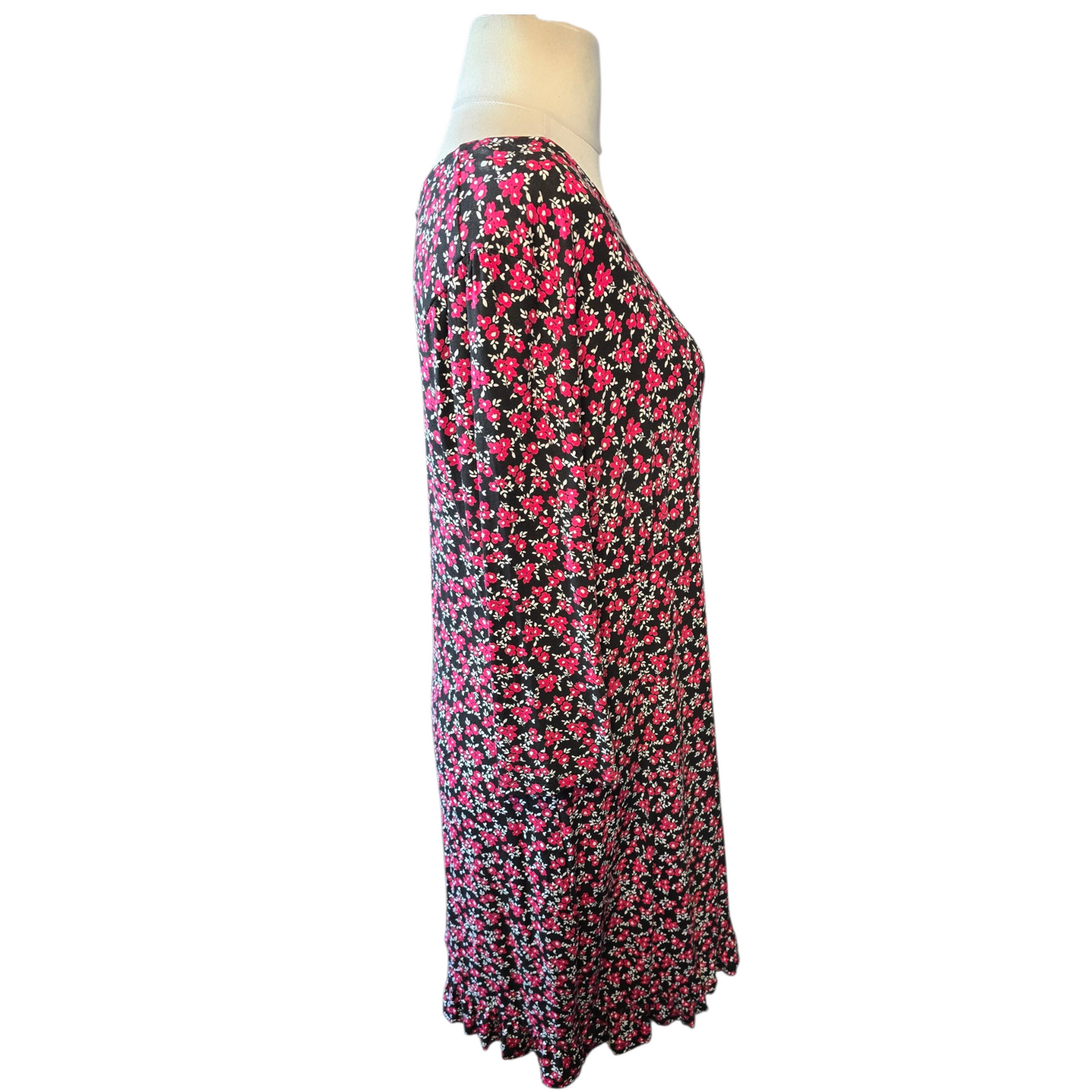 Peacocks Black & Pink Floral Knee Length Dress – Size 16 – ¾ Sleeves, Viscose