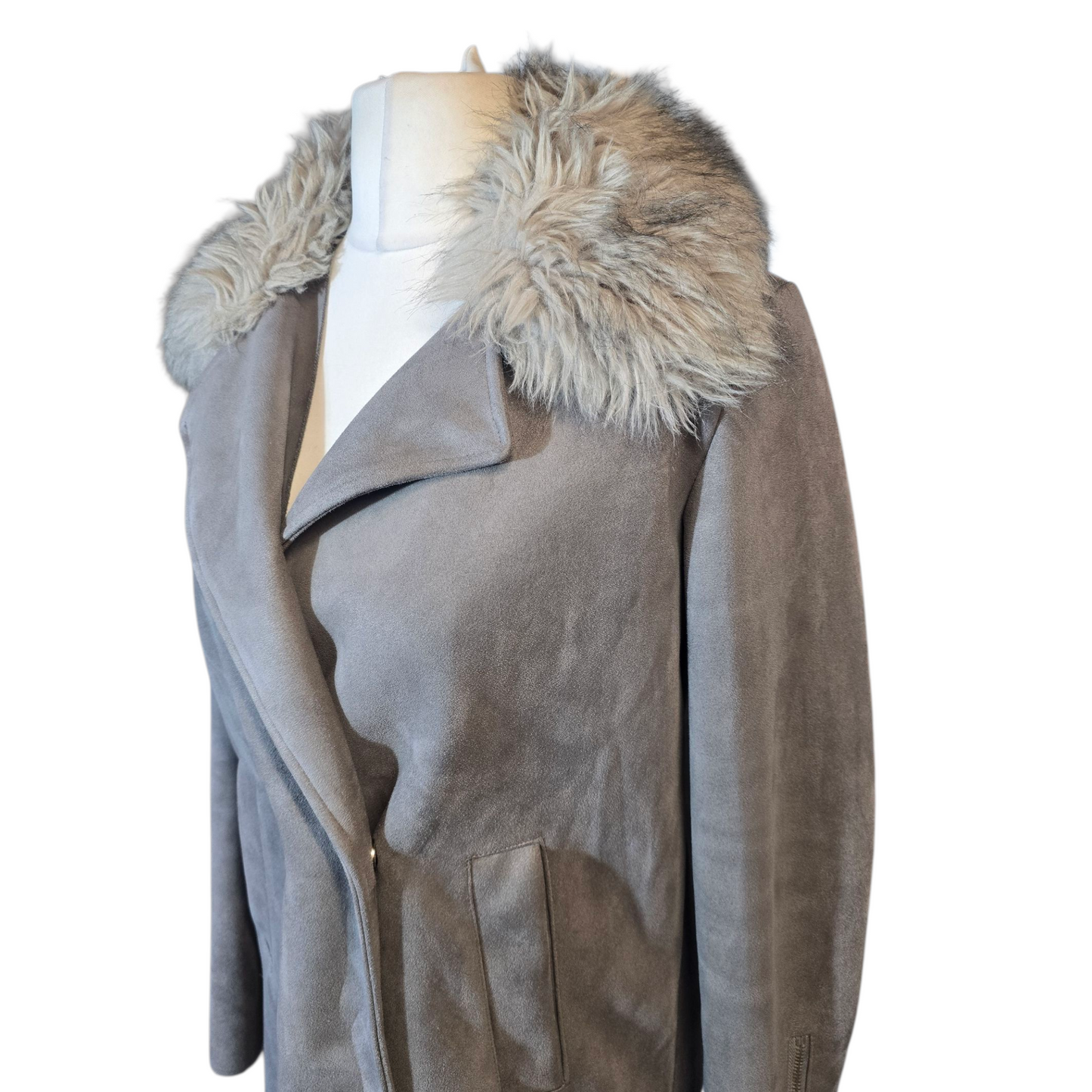 River Island Grey Suedette Coat – Size 10 – Faux Fur Collar Wrap Style Oversized
