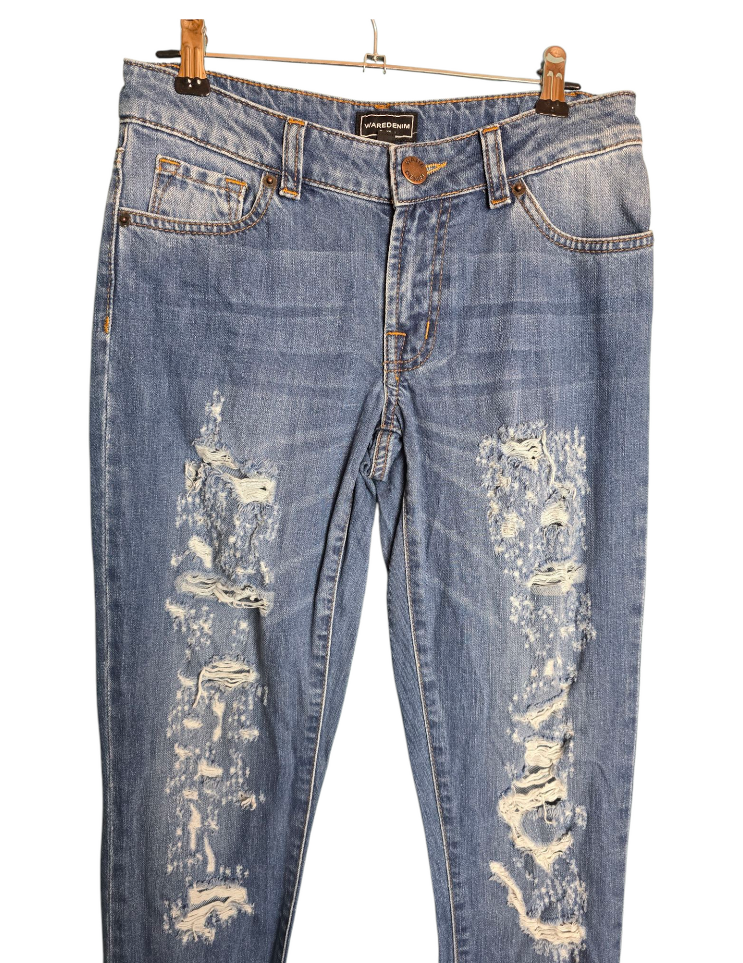 Warehouse Blue Ripped Skinny Jeans Size 6 – Mid-Rise, Distressed Style, Front & Back Pockets