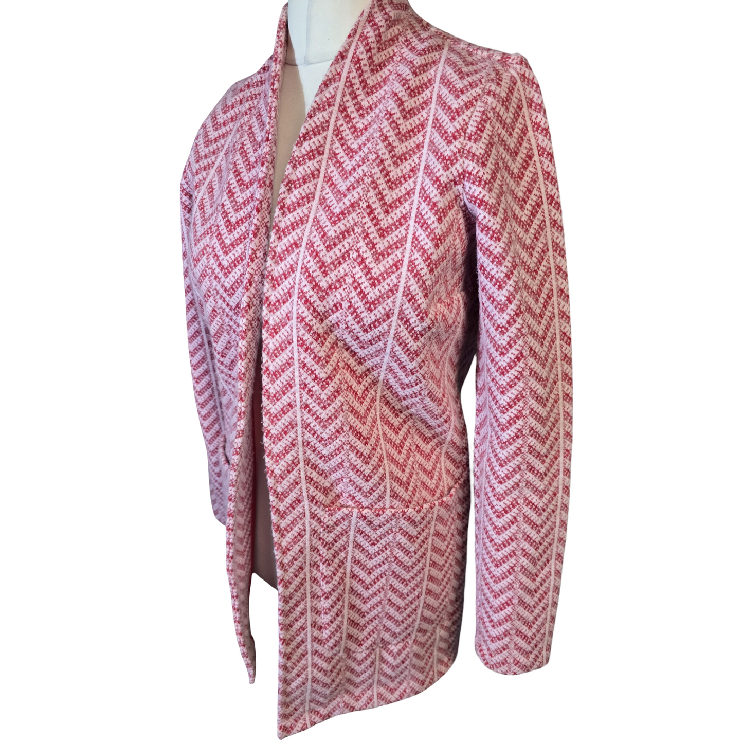 Next Pink & Red Knit Open Overcoat – Size 8 – Midi Length with Pockets