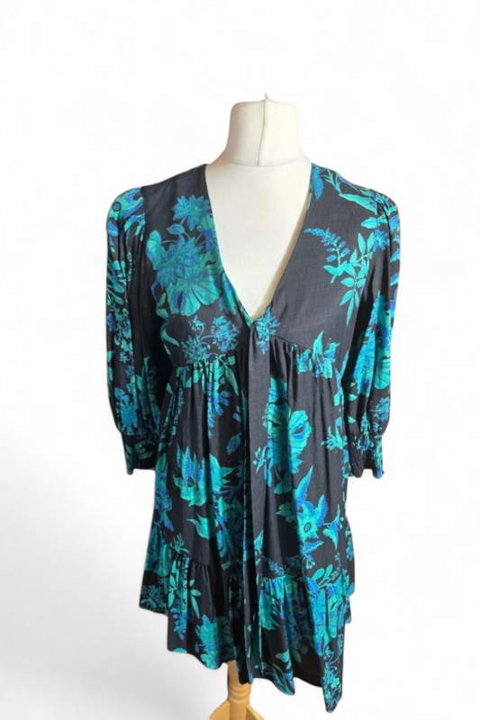 Next Black & Green Floral Fit & Flare Dress Size 12 Tall – V-Neck, Long Sleeves, NWT