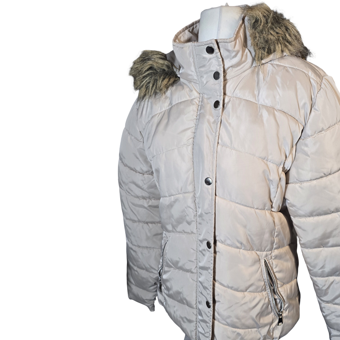 PLT Cream Puffer Coat with Faux Fur Hood – Size 12